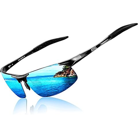 ATTCL Men's Sports Polarized Sunglasses For Driver Golf Fishing Unbreakable Metal Frame (Black-frame/Blue lens mirrored) Cover