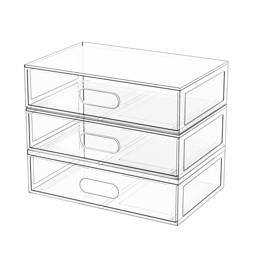 Image of Clear Stackable Makeup Organizer with Drawer, 12''W Acrylic Storage Drawers, Cosmetic Display Case for Vanity Bathroom Countertop, Beauty Holder for Lipstick Brush Skincare Perfume (3 Tier)
