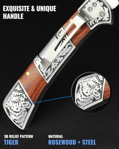 NedFoss SMILODON Pocket Knife for Men, 3.9" Back Lock Folding Knife, Rosewood Handle with Engraved 3D Tiger Relief Bolster, Pocket Clip, Unique Cool Knives Personalized Gift for Men Women