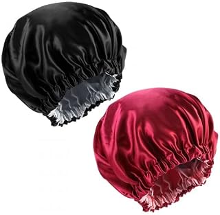 Dokpav 2 Pieces Sleep Caps, Satin Silk Bonnet for Women, Double Layer Elastic Wide Band Hat Women Satin Silk Nightcap, Adjustable Night Sleeping Head Cover for Home, Salon Sleep Spa(Black+Red)