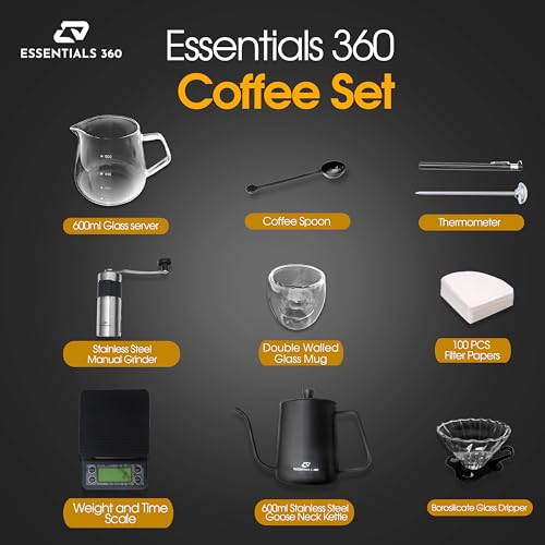 Image of V60 Pour Over Coffee Maker Set - Portable Coffee Kit 9Pcs with V60 Kettle, Digital Scale, Double Walled Mug, Glass Server, Manual Grinder, Glass Dipper, 100 Paper Filters & Coffee Scoop