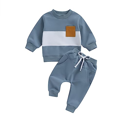 Geagodelia Toddler Baby Boy Girl Clothes Long Sleeve Contrast Sweatshirt Trouser Set Fall Winter Tracksuit Outfits (B Blue, 6-12 Months)