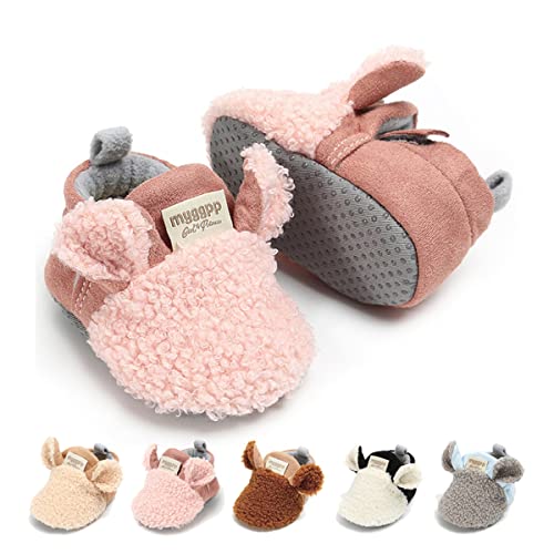 Timatego Newborn Baby Boys Girls Cozy Fleece Booties with Grippers Stay On Slipper Socks Infant Toddler Crib Winter Shoes for Boys Girls, 6-12 Months Infant, 10 Pink Baby Booties
