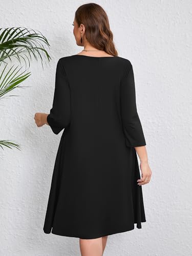 Image of AusLook Women's Plus Midi Dresses Crew Neck A Line 3 /4 Sleeves Casual Elegant Loose Wedding Vacation Dress with Pockets