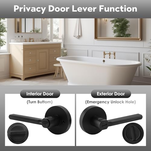 ANNFUZ Round Privacy Door Handle Without Key,Interior Door Lever,Heavy Duty Door Lever Hardware,Reversible Keyless Lever for Left or Right Side,Perfert for Bedroom/Bathroom(Privacy, Matte Black)