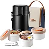 TTrpuon 82oz Insulated Food Container, 3-Tier Stackable Stainless Steel Thermal Lunch Box for Adults, Wide Mouth Vacuum Insulated Food Jar for Hot & Cold Food,Leakproof Bento Lunch Box Set, Black
