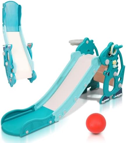 Toboggan Enfant 4 En 1 Extérieur/intérieur - Avec Panier Basket, Balançoire, Escalier, Thème Ours | En Plastique Résistant, Capacité 82 Kg, Rose