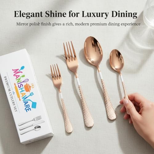 Image of Classic Rose Gold 16 Pcs Stainless Steel Cutlery Set for Dining Table, Dishwasher Safe Glossy Flatware (Perfect Spoon Fork Set)