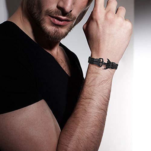 Emibele Bracelet For Men, Sturdy Cowhide Leather Bracelet, Multilayer Vintage Anchor Bracelet Wrap Cuff - Black With Black Anchor #TOP4