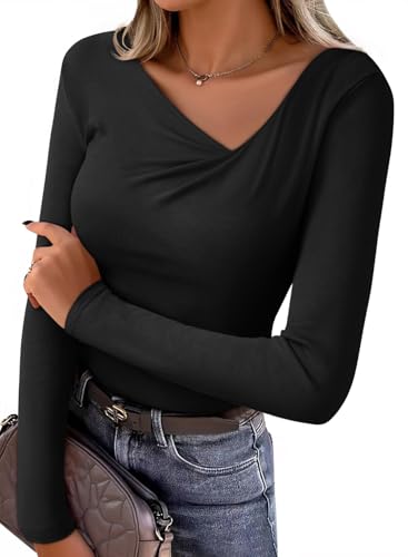 EVALESS Womens Long Sleeve Asymmetrical Neck Ruched Slim Fit Shirts 2026 Spring Fashion Casual Tee Going Out Tops Black S
