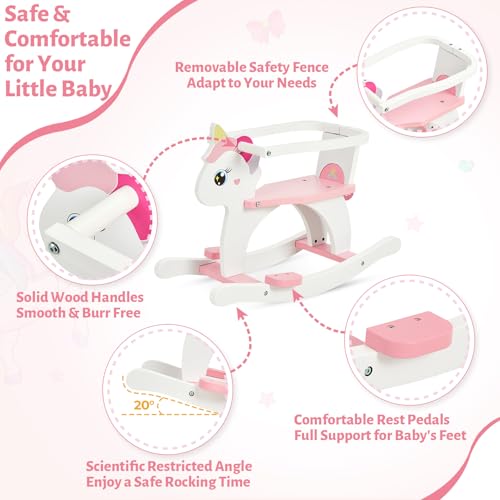 Image of FUNLIO Wooden Unicorn Baby Rocking Horse Ages 0.5-3, Cute Baby Rocking Horse with Removable Fence & Backrest, Easy to Assemble Toddler Wooden Rocking Horse, CPC & CE Certified - Pink
