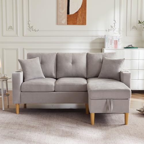 DRIXNO L-förmiges modernes Sofa, 3-Sitzer-Sofa mit Chaiselongue, Stauraum, integriertem Getränkehalter, Wird mit 2 Kissen geliefert, geeignet für Wohnzimmer, Büro, Wohnung usw,Hellgrau. – Bild 7