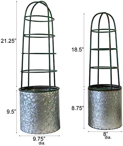BestNest Esschert Design Old Zinc Flower Pots with Vertical Supports – Set of 2 Galvanized-Look Metal Planters with Green Obelisk Trellises – Rustic Garden Plant Supports for Climbing Flowers & Vines