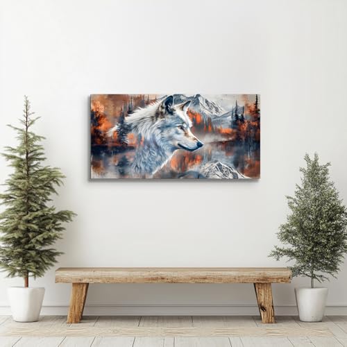 SERIMINO Wolf Large Wall Art Canvas Prints, Fierce Animal Aesthetic Pictures Wall Decor Living Room, Abstract Winter Landscape Room Decorations Artwork, Silver Wolf Office Decor Paintings 20"X40"