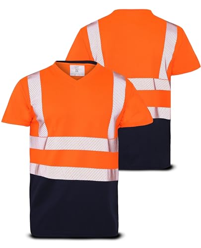 Image of Hi Vis Viz V-Neck T-Shirts Mens High Visibility Reflective Tape Safety Security Work Short Sleeve Tee Shirt Breathable Lightweight Workwear Top (UK, Alpha, L, Regular, Regular, Orange/Navy)