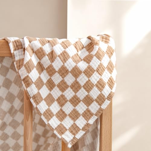 Image of lulumoon Muslin Swaddle Blankets for Baby: Soft Cotton Newborn Receiving Blankets - Plaid Print Nursery Gift Set for Baby Girls(Mocha Plaid)