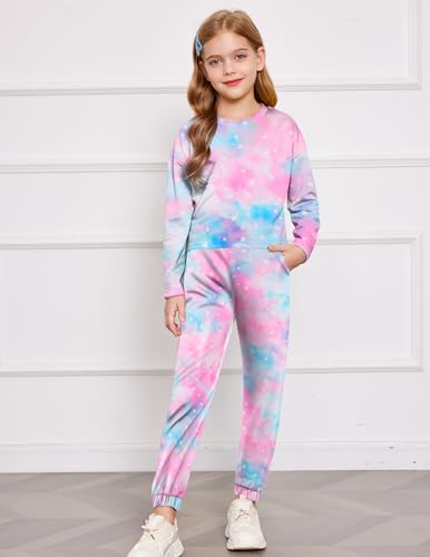 Image of Arshiner Girls 2 Piece Outfits Kids Trendy Tie Dye Sweatsuits Sets | Size 5-14Y, Girls 2-Piece Tracksuit Set, Tie Dye Print, Long Sleeve Top & Jogger Pants, Soft Polyester, Elastic Waistband