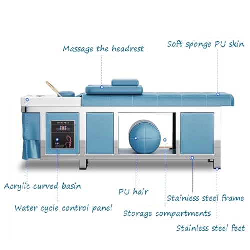 Image of Portable Thai Massage Bed, Shampoo Bed with Fumigation Head Therapy and Water Circulation for Beauty Massage and Barber Shop, Blue