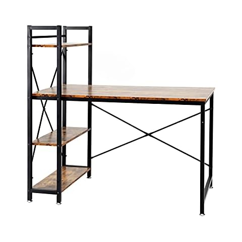 Oak & Tea Desk 120 * 60 * 122cm Useful Computer Desk With 4-layer DIY Storage Shelves on Left or Right Modern Industrial Style Office Desk for Studying and Working at Home Cover