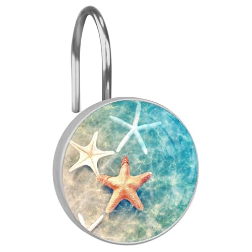 12pcs Starfish Shower Curtain Hooks,Decorative Shower Curtain Hanger Rings Roller, Stainless Steel Round Shower Rings Hangers for Bathroom Bedroom, Living Room Decor
