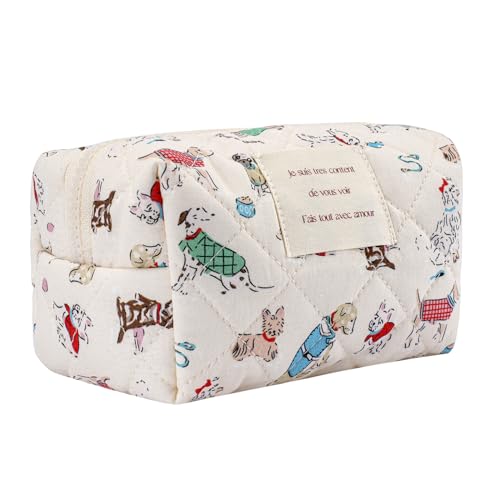 uekeboag Cute Small Quilted Cotton Makeup Pouch for Women and girls,Coquette Quilted Toiletry Bag,Animal Coquette Mini Bag, Kawaii Travel Cosmetic Bags(05Puppy)