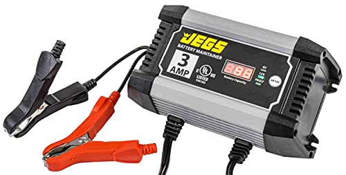 JEGS Battery Maintainer & Trickle Charger | 3 Amp | 6 & 12 Volt | 6 Foot Power Cord | Digital Display | Includes 6 Foot Quick Disconnect Battery Clips