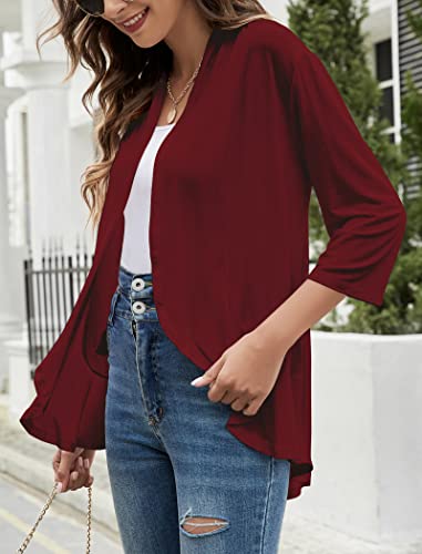 Image of Yekaty Women Cardigan 3 /4 Sleeves Open Front Lightweight Cardigan Draped Ruffles Knit Cardigan