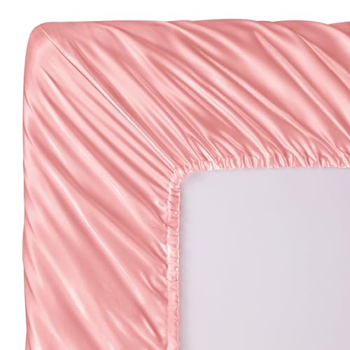 Image of SiinvdaBZX 3-Piece Set Satin Full Fitted Sheet & 2 Pillowcase, Blush Pink Silky Soft Fitted Bottom Sheet, Wrinkle Free, Fade Resistant, Deep Pocket Bed Sheet (Deep Up to 15 inch)