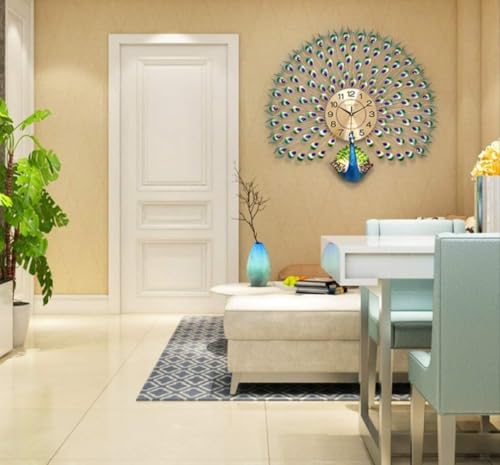 Image of ZUAN Store Luxury Decorative Peacock Wall Clock, Large Metal Art Clock with Crystal Feathers, Turquoise and Gold