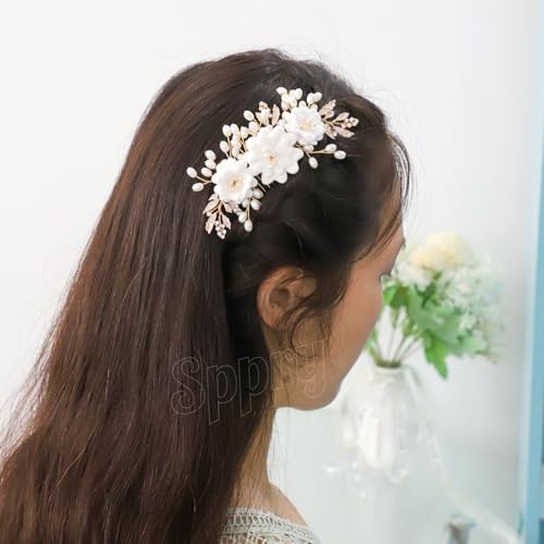 Peine para cabello con flores perladas y pedrería dorado miniatura 3