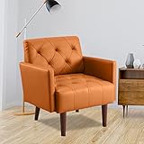 PEIHONGET PU Leather Accent Chair, Mid Century Modern Armchair for Living Room Reading Tufted Chair Single Sofa High-Density Foam Cushion Solid Wood Legs for Home, Bedroom, Office, Reception(Orange)