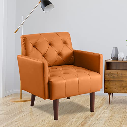PEIHONGET PU Leather Accent Chair, Mid Century Modern Armchair for Living Room Reading Tufted Chair Single Sofa High-Density Foam Cushion Solid Wood Legs for Home, Bedroom, Office, Reception(Orange)