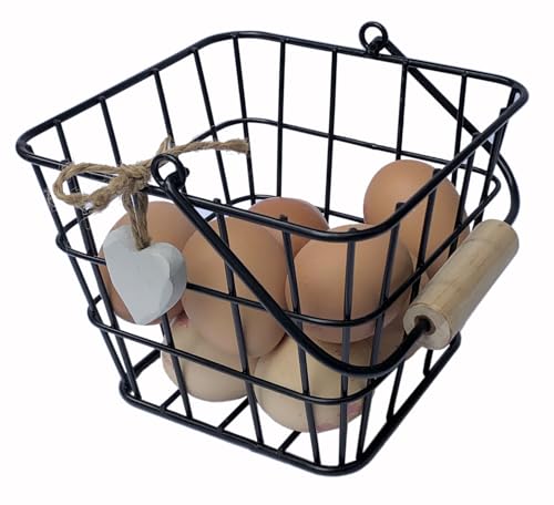 Large Square Wire Egg Basket in Black or Silver or light grey egg crate - Country Kitchen - Rustic Vintage Style for up to 16 Eggs, fruit basket (Black Basket)
