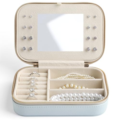 Image of NGVRC Genuine Leather Travel Jewelry Organizer Case with Mirror for Women, Small Mini Portable Jewelry Box for Ring Earrings Necklace Bracelet Luxury Gift for Women(Cyan)