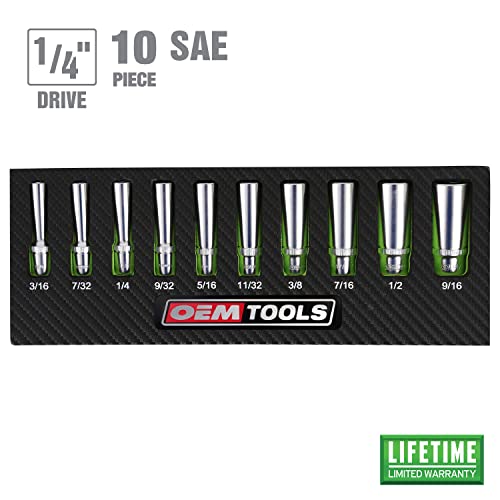 Oemtools 23985 Deep Socket Set, Sae, 1/4 Inch Drive, 10 Piece | Professional Auto Mechanics’ Socket Set | Sizes: 3/16, 7/32, 1/4, 9/32, 5/16, 11/32, 3/8, 7/16, 1/2 And 9/16 In. | Green Organizer Case #TOP1