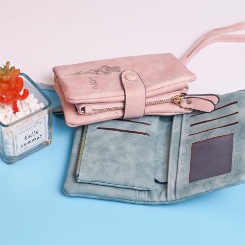 Graduation Gifts for Women Girls - Personalized Birth Month Flower Wallet - Pink Leather Wallet Mothers Day Birthday Gifts for Mom, Purse with Wrist Strap4