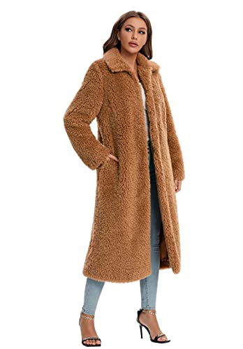 Sugar Poison Women Faux Fur Winter Coats Long Sleeve Open Front Long Cardigan Coat Warm Fuzzy Fleece Jacket Overcoat Outwear With Pocket #TOP1