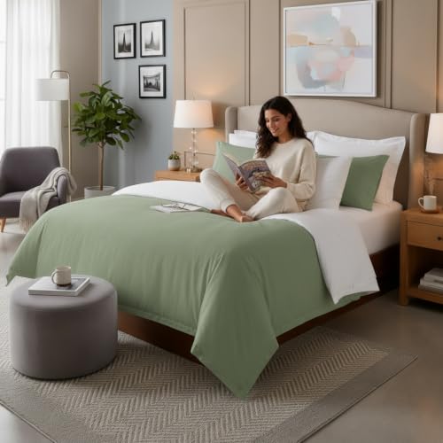 Image of Duvet Cover Single Size Bed (60x92 Inch) 1 Duvet Cover + 4 Pillow Covers with Zipper 600 TC Cotton Reversible Luxurious Quilt, Comforter, Rajai, Blanket Cover (White /Sage)