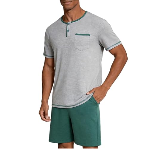 Marvmys Mens Pajama Sets Cotton Pajamas Short Sleeve Henley Pjs Summer Sleepwear Soft Sleep Set with Pockets S-3XL Small Grey&green