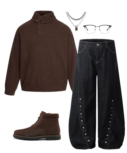 Unisex Vintage Button Mock Neck Sweater, Solid Color Knit Pullover with Turn Down Collar4