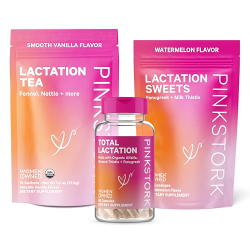 Image of Pink Stork Lactation Support Bundle for Breastfeeding Women - Lactation Supplements, Nursing Tea, and Sweets for Breast Milk Supply and Flow, with Fenugreek, Fennel, and Milk Thistle, Set of 3