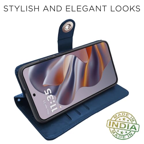 Image of Pikkme Flip Cover Leather Finish | Inside TPU with Card Pockets | Wallet Stand and Shock Proof | Complete Protection Button Flip Case for Moto Edge 50 Neo 5G (Blue)