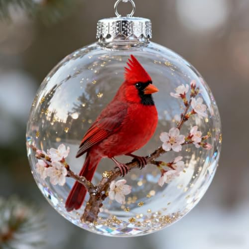 2025 Nature’s Birds Crystal Glass Ornament Set – Hummingbird & Cardinal Christmas Ornaments, Clear Bird Figurine Balls for Xmas Tree, Memorial Gift Decorations, Holiday Glass Bird Ornaments(Cardinal)