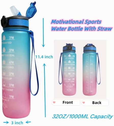 HONYAT 1L Motivational Fitness Sport Water Bottle with Straw and Time Maker, Tritan BPA Free, Leakproof and Reusable for Running, Gym, Yoga, Outdoors and Camping (Blue)