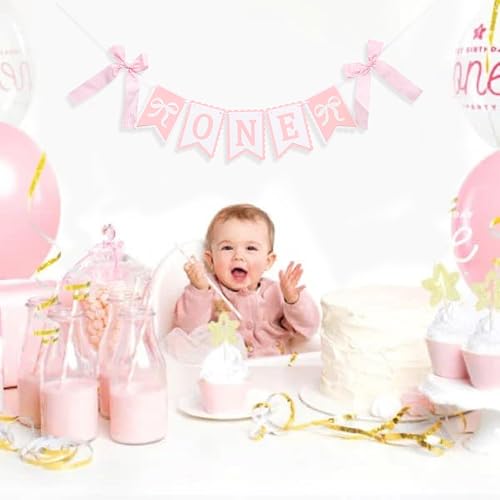 Image of Bow First Birthday High Chair Banner - Pink Bow 1st Party Decoration,Coquette First High Chair Banner,Coquette One Birthday Photo Prop(bow first)