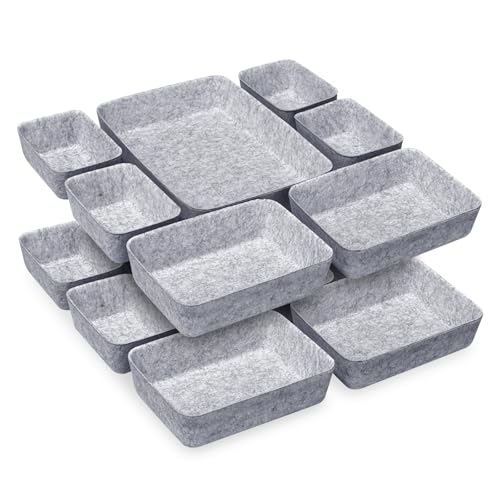 Cinnani 14 Stück Schubladen Organizer Filz, Stapelbare filz Schubladen Ordnungssystem, Schubladen Aufbewahrungsbox für Make-Up Kosmetik Schminktisch Büro Schreibtisch Küche Bad - Hellgrau