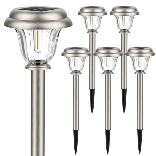 DERAYSION Solar Lights Outdoor Waterproof, Brushed Stainless Steel Glass Solar Pathway Lights, Auto On/Off Long-Lasting Outdoor Solar Lights for Garden, Landscape, Path, Yard 6 Pack