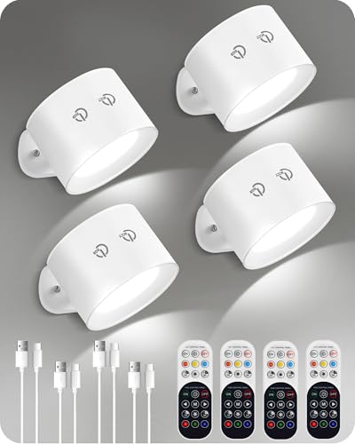 GOEBLESON Battery Operated Wall Sconces 4 Pack, Rechargeable Wall Sconce with Remote Control, 3 Color Temp & 3 RGB & Dimmable, Cordless Wall Mount Llight for Hallway, Bedroom, White W02YBP406