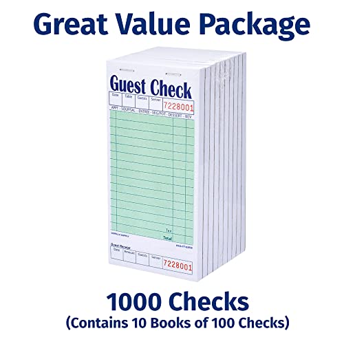 [500] Gorilla Supply Guest Check Book 3.4" X 6.73" Server Notepads Order Pad For Waiter And Waitress, Heavyweight Single Part Perforated Checks, Green, 500 (50 Checks X 10 Books) #TOP5