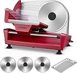 FOHERE Meat Slicer, 250W Deli & Food Slicer with 3 Removable Blade(2*Serrated & Smooth) and 1 Tray for Home Use, Precise 0-15mm Adjustable Thickness for Meat, Cheese, Bread, Include Food Pusher (RED)